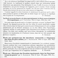 0569 - Page 493 - Analyses. Neurologie. Études spéciales. Névroses. Traitement de l'aphonie de guerre, par J. Garel. Lyon médical... / Le pied varus de guerre et plus spécialement le pied varus d'origine névropathique, par J. Couturier. Thèse de Lyon, 1918... / Étude sur quelques-uns des accidents consécutifs à l'explosion des obus de gros calibre, par C. Grandclaude. Thèse de Lyon, 1916... / Étude sur l'étiologie des troubles émotionnels dans les psychonévroses de guerre, par A. Bacharach. Thèse de Lyon..., 1918... / Les dyspepsies nerveuses, par S.-D. Alcalay. Thèse de Lyon, 1914...