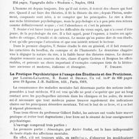 0572 - Page 496 - Analyses. Psychiatrie. Études générales. Bibliographie. Les médications psychologiques. Études historiques, psychologiques et cliniques sur les méthodes de la psychothérapie, par Pierre Janet. - Tome II : Les économies psychologiques..., Félix Alcan, édit., Paris, 1919 / Le rire en psychologie (Il Rio in Psicologia, in Phisiopatologia e in Arte. Parte prima. Il Riso in Psicologia), par Tommaso Senise... Tipografia dello « Studium », Naples, 1914 / La pratique psychiatrique à l'usage des étudiants et des praticiens, par Laignel-Lavastine, R. Barbé et Delmas... J.-B. Baillière, édit., Paris, 1919
