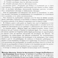 0573 - Page 497 - Analyses. Psychiatrie. Études générales. Bibliographie. La pratique psychiatrique à l'usage des étudiants et des praticiens, par Laignel-Lavastine, R. Barbé et Delmas... J.-B. Baillière, édit., Paris, 1919 / Maladies mentales. Précis de psychiatrie à l'usage des étudiants et des praticiens (Mental diseases, a text-book of psychiatry for medical students and practitioners), par R.-H. Cole... Londres, University of London Press, 1919