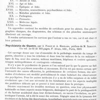 0574 - Page 498 - Analyses. Psychiatrie. Études générales. Bibliographie. Maladies mentales. Précis de psychiatrie à l'usage des étudiants et des praticiens (Mental diseases, a text-book of psychiatry for medical students and practitioners), par R.-H. Cole... Londres, University of London Press, 1919 / Psychiatrie de guerre, par A. Porot et A. Hesnard, préface de M. Simonin... F. Alcan, édit., Paris, 1919