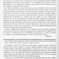 0584 - Page 508 - Analyses. Thérapeutique. La ponction lombaire comme traitement de certaines formes de céphalée essentielle, par Giovanni Mingazzini. Il Policlinico (sezione medica)... / Considérations sur le traitement de la syphilis par le néosalvarsan, par A. Mahaim... Séance clinique de la Société vaudoise de médecine. Revue médicale de la Suisse romande... / La vérité sur les injections intraspinales dans le traitement de la syphilis du système nerveux, par Bernad Sachs... Journal of the American medical Association...