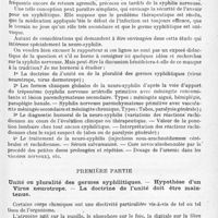 0693 - Page 615 - Société de neurologie de Paris. Réunion neurologique annuelle (9-10 juillet 1920). Vendredi 9 juillet. Séance du matin. Rapport de M. J.-A. Sicard. Syphilis nerveuse et son traitement. Première partie. Unité ou pluralité des germes syphilitiques. - Hypothèse d'un virus neurotrope. - La doctrine de l'unité doit être maintenue