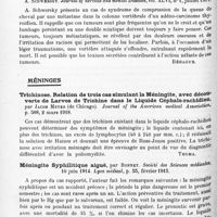 0928 - Page 846 - Analyses. Neurologie. Études spéciales. Moelle et rachis. Sur une localisation peu commune de la paralysie infantile avec production d'une pseudo-hernie ventrale, par U. Provinciali. La Pediatria... Bollettino delle Cliniche... / Carcinome de la colonne vertébrale. Un syndrome de la queue de cheval consécutif à une métastase d'origine thyroïdienne, par A. Schwersky. Journal of nervous and mental Diseases... / Méninges. Trichinose. Relation de trois cas simulant la méningite, avec découverte de larves de trichine dans le liquide céphalo-rachidien, par Jacob Meyer... Journal of the American medical Association... / Méningite syphilitique aiguë, par Bonnet. Société des sciences médicales... Lyon médical.../ Méningite syphilitique avec amaurose bilatérale, par C. Charlin... Annales d'oculistique...