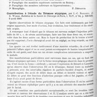 0930 - Page 848 - Analyses. Neurologie. Études spéciales. Infections et intoxications. Types cliniques du tétanos localisé, par C.-G. Cumston. New-York Medical Journal... / Contribution à l'étude du tétanos atypique, par L.-C. Bailleul et G. Worms. Bulletins de la Société de chirurgie de Paris...