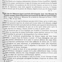 0931 - Page 849 - Analyses. Neurologie. Études spéciales. Infections et intoxications. Paralysie des noyaux d'origine des nerfs facial et masticateur au cours d'un tétanos tardif et localisé, par F. Trémolières et L. Caussade. Bulletins et mémoires de la Société médicale des hôpitaux de Paris... / Deux cas de tétanos aigus mortels développés chez des blessés de guerre malgré deux injections préventives du sérum antitoxique, par P. Lecène. Bulletins et mémoires de la Société de chirurgie de Paris...