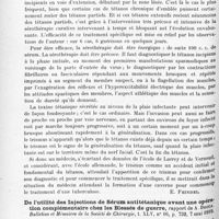 0932 - Page 850 - Analyses. Neurologie. Études spéciales. Infections et intoxications. Tétanos partiels essentiels (en dehors de l'immunisation sérique), par G. Etienne. Paris médical... / De l'utilité des injections de sérum antitétanique avant une opération complémentaire chez les blessés de guerre, rapport de A. Broca. Bulletins et mémoires de la Société de chirurgie... / Sur le traitement préventif du tétanos, par Ch. Lenormant. Bulletins et mémoires de la Société de chirurgie...