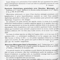 0934 - Page 852 - Analyses. Neurologie. Études spéciales. Infections et intoxications. Thyroïdite suppurée à bacille paratyphique A, par A. Lemierre et Taberlet. Bulletins et mémoires de la Société médicale des hôpitaux de Paris... / Le méningisme dans les infections à paratyphique B, par E. Maragliano. Riforma medica... / Paralysie diphtérique généralisée avec réaction méningée, par Legendre et L. Cornil. Bulletin de la Réunion médico-chirurgicale de la 7e Région... / Réactions méningées dans la scarlatine, par F. Trémolières et L. Caussade. Bulletins et mémoires de la Société médicale des hôpitaux de Paris... / Pneumonie infantile à forme cérébrale, par Albert Jobin. Bulletin médical de Québec...