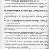 0936 - Page 854 - Analyses. Neurologie. Études spéciales. Infections et intoxications. Le passage du virus rabique de la mère au foetus et ses conséquences, par P. Remlinger. Bulletin de l'Académie de médecine... / Glandes à sécrétion interne et syndromes glandulaires. Études cliniques sur l'hyperthyroïdisme, par Leigh-F. Watson... Médical Record... / Du rôle antitoxique de la thyroïde dans l'urémie, par Rémond... et Minvielle. Bulletin de l'Académie de médecine... / Du rôle de l'association thyro-parathyroïdienne dans l'urémie, par A. Rémond... et Minvielle. Bulletin de l'Académie de médecine... / Conception actuelle du goitre exophtalmique, par E. Hiran Reedé... Medical Record... / Maladie de Basedow avec hypertrophie des paupières et des joues, par A. Chauffard et Paul Monnot. Bulletins et mémoires de la Société médicale des hôpitaux de Paris...