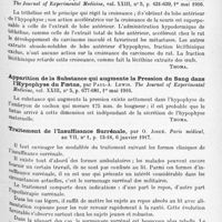 0939 - Page 857 - Analyses. Neurologie. Études spéciales. Glandes à sécrétion interne et syndromes glandulaires. Modification des cellules de l'hypophyse à la suite de la castration chez les animaux, par William H.-F. Addison. Proceedings of the Pathological Society of Philadelphia... / Influence de la téthéline et des autres extraits alcoolo-solubles du lobe antérieur du corps pituitaire sur le développement des carcinomes du rat, par T.-Brailsford Robertson et Theodore-C. Burnett. The Journal of Experimental Medicine... / Apparition de la substance qui augmente la pression du sang dans l'hypophyse du foetus, par Paul-A. Lewis. The Journal of Experimental Medicine... / Traitement de l'insuffisance surrénale, par O. Josué. Paris médical...
