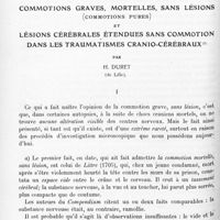 0970 - Page 888 - Mémoires originaux. Neurologie. IV. Commotions graves, mortelles, sans lésions (Commotions pures) et lésions cérébrales étendues sans commotion dans les traumatismes cranio-cérébraux, par H. Duret...