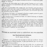 1013 - Page 929 - XXIVe Congrès des aliénistes et neurologistes de France et des pays de langue française. Session de Strasbourg (2-7 août 1920). Résumé du rapport sur la question neurologie. Les lésions du corps thyroïde dans la maladie de Basedow, par Gustave Roussy... Discussion sur la question du corps thyroïde dans la maladie de Basedow / Résumé du rapport sur la question de psychiatrie. Les psychoses post-oniriques, par M. Delmas...