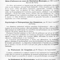 1034 - Page 950 - XXIVe Congrès des aliénistes et neurologistes de France et des pays de langue française. Session de Strasbourg (2-7 août 1920). Communications diverses. II. Psychiatrie. Un cas historique de délire d'imagination consécutif au rêve, par M. Logre... / Idées d'influence au cours de l'excitation maniaque, par MM. Logre et Heuyer... / Psychologie et thérapeutique des obsessions, par M. René Cornélius... / Le traitement de l'angoisse, par M. Masquin... / Le traitement de l'éreutophobie, par M. Hartenberg...