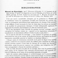 1036 - Page 952 - Analyses. Bibliographie. Manuel de neurologie, par C. Winkler... T. I. L'Anatomie du système nerveux. 1re partie. Les appareils nerveux de l'olfaction, de la vision, de la sensibilité générale, du goût. Traduction française par V. Willem... De Erver F. Bohn, édit. Harlem, 1918
