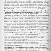 1124 - Page 1040 - Analyses. Neurologie. Études spéciales. Épidémiologie. Cytologie du liquide céphalo-rachidien au cours de l'accès palustre, par Monier-Vinard, Paisseau et H. Lemaire. Bulletins et mémoires de la Société médicale des hôpitaux de Paris... / Symptômes purpuriques et cérébraux survenant lors de la défervescence de la rougeole. Deux cas suivis de mort, par T. Goddard Nicholson. Lancet... / Le signe de Kernig dans la septicémie eberthienne, par V. Audibert. Marseille médical... / Nouveau cas de poliomésocéphalite primitive avec narcolepsie, par Jean Lhermitte et de Saint-Martin. Bulletins et mémoires de la Société médicale des hôpitaux de Paris...