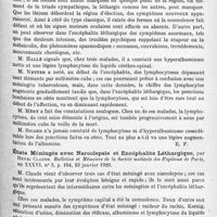 1131 - Page 1047 - Analyses. Neurologie. Études spéciales. Épidémiologie. Encéphalites aiguës myocloniques, par Sicard et Kudelski. Bulletins et mémoires de la Société médicale des hôpitaux de Paris... / États méningés avec narcolepsie et encéphalite léthargique, par Henri Claude. Bulletins et mémoires de la Société médicale des hôpitaux de Paris...