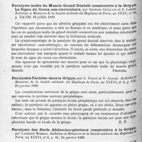 1134 - Page 1050 - Analyses. Neurologie. Études spéciales. Épidémiologie. L'encéphalite épidémique (léthargique). Revue clinique de cas observés dans le Nord-Ouest de la Région du Pacifique, par William House. Journal of the American medical Association... / Paralysie isolée du muscle grand dentelé consécutive à la grippe. Le signe du creux sus-claviculaire, par Georges Guillain et E. Libert. Bulletins et mémoires de la Société médicale des hôpitaux de Paris... / Paralysies faciales dans la grippe, par A. Porot et N. Sengès. Bulletins et mémoires de la Société médicale des hôpitaux de Paris... / Paralysie des nerfs abdomino-génitaux consécutive à la grippe, par Laurent Moreau. Bulletins et mémoires de la Société médicale des hôpitaux de Paris... / Simulation de la méningite par la grippe, par Fred H. Stangl. Journal of the American medical Association...