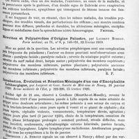 1137 - Page 1053 - Analyses. Neurologie. Études spéciales. Épidémiologie. Les séquelles nerveuses et mentales dans la forme psycho-méningée de la spirochétose ictéro-hémorragique, par S. Costa et J. Troisier. Bulletins et mémoires de la Société médicale des hôpitaux de Paris... / Névrites et polynévrites d'origine palustre, par Laurent Moreau. Paris médical... / Incubation, évolution et réaction méningée d'un cas d'encéphalite léthargique, par Jacquot et Giry. Société de médecine de Nancy... Revue médicale de l'Est... / Sur un cas d'encéphalite léthargique, par M. Perrin et J. Heisch. Société de médecine de Nancy... Revue médicale de l'Est...