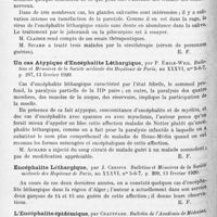 1142 - Page 1058 - Analyses. Neurologie. Études spéciales. Épidémiologie. Les troubles oculaires de l'encéphalite léthargique, par V. Morax et J. Bollack. Bulletins et mémoires de la Société médicale des hôpitaux de Paris... / Un cas atypique d'encéphalite léthargique, par P. Émile-Weil. Bulletins et mémoires de la Société médicale des hôpitaux de Paris... / Encéphalite léthargique, par J. Crespin. Bulletins et mémoires de la Société médicale des hôpitaux de Paris... / L'encéphalite épidémique, par Chauffard. Bulletin de l'Académie de médecine...