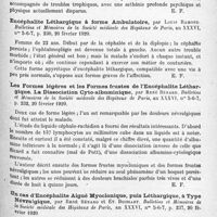 1143 - Page 1059 - Analyses. Neurologie. Études spéciales. Épidémiologie. Un cas d'encéphalite léthargique, par Courcoux et Hanotte. Bulletins et mémoires de la Société médicale des hôpitaux de Paris... / Encéphalite léthargique à forme ambulatoire, par Louis Ramond. Bulletins et mémoires de la Société médicale des hôpitaux de Paris... / Les formes légères et les formes frustes de l'encéphalite léthargique. La dissociation cyto-albuminique, par René Bénard. Bulletins et mémoires de la Société médicale des hôpitaux de Paris... / Un cas d'encéphalite aiguë myoclonique, puis léthargique, à type névralgique, par René Bénard et Et. Boissart. Bulletins et mémoires de la Société médicale des hôpitaux de Paris...