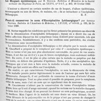 1145 - Page 1061 - Analyses. Neurologie. Études spéciales. Épidémiologie. Catatonies, hypertonies, attitudes figées au cours de l'encéphalite léthargique, par Sicard et Bollack. Bulletins et mémoires de la Société médicale des hôpitaux de Paris... / Le hoquet épidémique, par H. Dufour. Bulletins et mémoires de la Société médicale des hôpitaux de Paris... / Faut-il conserver le nom d'encéphalite léthargique ? par Arnold Netter. Bulletin de l'Académie de médecine...