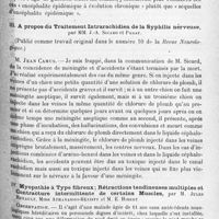 1181 - Page 1097 - Société de neurologie de Paris. Séance du 4 novembre 1920. Communications et présentations. II. Les attitudes musculaires prolongées dans la « Névraxite épidémique », par MM. Sicard et Paraf / III. A propos du traitement intrarachidien de la syphilis nerveuse, par MM. J.-A. Sicard et Paraf (Publié comme travail original dans le numéro 10 de la Revue neurologique) / IV. Myopathie à type fibreux ; rétractions tendineuses multiples et contracture intermittente de certains muscles, par M. Jules Renault, Mme Athanassio-Bénisty et M. E. Hibert
