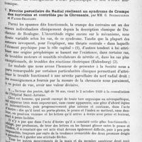 1189 - Page 1105 - Société de neurologie de Paris. Séance du 4 novembre 1920. Communications et présentations. IV bis. Chronaxies dans un cas de myopathie avec attitudes vicieuses, par G. Bourguignon / V. Névrite parcellaire du radial réalisant un syndrome de crampe des écrivains et contrôlée par la chronaxie, par MM. G. Bourguignon et Faure-Beaulieu