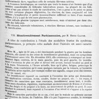 1195 - Page 1111 - Société de neurologie de Paris. Séance du 4 novembre 1920. Communications et présentations. VII. Ablation d'un tubercule intracrânien, guérison du malade, par MM. Pierre Marie, de Martel et P. Béhague / VIII. Hémitremblement parkinsonnien, par M. Henri Claude