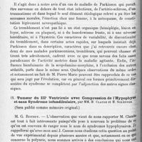 1196 - Page 1112 - Société de neurologie de Paris. Séance du 4 novembre 1920. Communications et présentations. VIII. Hémitremblement parkinsonnien, par M. Henri Claude / IX. Tumeur du IIIe ventricule avec compression de l'hypophyse et sans syndrome infundibulaire, par MM. H. Claude et H. Schaeffer