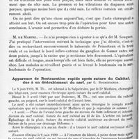 1212 - Page 1128 - Société de neurologie de Paris. Séance du 4 novembre 1920. Addendum à la séance du 1er juillet 1920. Un cas de névralgie faciale traité par la section de la racine postérieure du trijumeau, par MM. Souques et de Martel / Apparence de restauration rapide après suture du cubital, due à un dédoublement du nerf, par G. Bourguignon