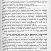 1245 - Page 1161 - Analyses. Neurologie. Études spéciales. Méninges. Trois cas de méningite à méningocoques observés chez l'enfant, par A. Remy. Société de médecine de Nancy... Revue médicale de l'Est... / Tentative de sérothérapie d'un cas de méningite tuberculeuse, par G. Etienne. Revue médicale de l'Est...