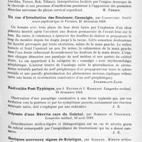 1247 - Page 1163 - Analyses. Neurologie. Études spéciales. Nerfs périphériques. Inclusion des branches du plexus cervical superficiel dans la clavicule, par M. Mutel. Société de médecine de Nancy... Revue médicale de l'Est... / Un cas d'irradiation des douleurs ; causalgie, par Jaroszynski. Société neuro-psychiatrique de Varsovie... / Radiculite post-typhique, par J. Euzière et J. Margarot. Languedoc médical... / Odyssée d'une névrite rare du cubital, par Rimbaud et Vigouroux. Languedoc médical... / Quelques nouveaux signes de sciatique, par Rimbaud. Réunion médico-chirurgicale de la 16e Région... Montpellier médical...