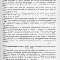 1253 - Page 1169 - Analyses. Neurologie. Études spéciales. Nerfs périphériques. Sur quelques faits de physiologie pathologique touchant les blessures du sympathique péri-artériel, la contusion artérielle et l'oblitération spontanée des artères déchirées par un projectile, par R. Leriche et A. Policard. Bulletins et mémoires de la Société de chirurgie de Paris... / Paralysie ischémique, par H. Bichat. Revue médicale de l'Est...