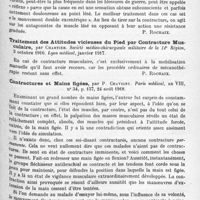 1257 - Page 1173 - Analyses. Neurologie. Études spéciales. Contractures, troubles trophiques et réflexes. Diagnostic des contractures hystéro-traumatiques et des rétractions, par Sollier. Société médico-chirurgicale militaire de la 14e Région... Lyon médical... / Variétés de contractures ; pathogénie ; traitement, par Guilbert. Société médico-chirurgicale militaire de la 14e Région... Lyon médical... / Traitement des attitudes vicieuses du pied par contracture musculaire, par Chartier. Société médico-chirurgicale militaire de la 14e Région... Lyon médical... / Contractures et mains figées, par P. Chavigny. Paris médical...