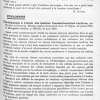 1261 - Page 1177 - Analyses. Neurologie. Études spéciales. Contractures, troubles trophiques et réflexes. Persistance de l'oedème et des troubles trophiques provoqués par la constriction volontaire, par Chartier. Société médico-chirurgicale de la 16e région... Lyon médical... / Deux observations d'oedème bleu hystérique, par Tomesco. Réunion médico-chirurgicale de la 16e Région... in Montpellier médical... / Explosions. Contribution à l'étude des lésions commotionnelles tardives, par Mairet et Durante. Réunion médico-chirurgicale de la 16e Région... in Montpellier médical... / Les explosions du champ de bataille, par Chavigny. Paris médical...