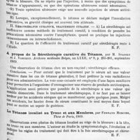 1265 - Page 1181 - Analyses. Neurologie. Études spéciales. Tétanos. Tétanos. IVe Conférence chirurgicale interalliée pour l'étude des plaies de guerre... / A propos de la sérothérapie curative du tétanos, par M. Stassen et J. Voncken. Archives médicales belges... / Le tétanos localisé au tronc et aux membres, par Fernand Mercier. Thèse de Paris, 1919 / Contribution à l'étude clinique des tétanos post-sériques tardifs, par Louis-Henri Leroux. Thèse de Paris, 1919