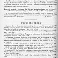 1268 - Page 1184 - Analyses. Neurologie. Études spéciales. Tétanos. Voie d'absorption de la toxine tétanique, par F. Albert. Société de biologie... / Réactions des muscles et des nerfs chez les blessés cliniquement guéris du tétanos, par P. Lecène et R. Ganducheau. Société de biologie... / Pouvoir antistrychnique du sérum antitétanique, par A. Londini. Il Policlinico (sezione medica)... / Ouvrages reçus