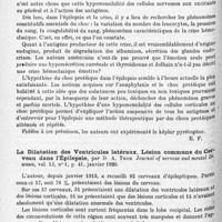 1330 - Page 1246 - Analyses. Neurologie. Études spéciales. Névroses. Pathologie et traitement de l'épilepsie, par Maurice Dide et Paul Guiraud. Académie Roy. de Méd. de Belgique... / La dilatation des ventricules latéraux, lésion commune du cerveau dans l'épilepsie, par D. A. Thom. Journal of nervous and mental Diseases...
