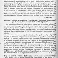 1332 - Page 1248 - Analyses. Neurologie. Études spéciales. Névroses. Sur la tachycardie continue d'origine émotive, par R. Charon et G. Halberstadt. Paris médical... / Guerre : facteur étiologique. Commotions, émotions, surmenage, par R. Benon. Presse médicale... / Sur les cardio-névroses de guerre, par V. Cordier. Société médico-chirurgicale militaire de la 14e Région... Lyon médical... / Des douleurs créées ou entretenues par auto-suggestion, douleurs psycho-nerveuses, par le Professeur Bernheim... Progrès médical...