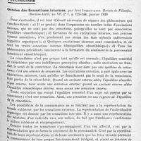 1335 - Page 1251 - Analyses. Neurologie. Études spéciales. Névroses. Esquisse et éléments du traitement du bégaiement, par Anne Bradstreet Stedman. Boston medical and surgical Journal... / Psychiatrie. Études générales. Psychologie. Genèse des sensations internes, par José Ingegnieros. Revista de Filosofia... / Le courage dans la guerre et dans la paix, par M. Levi-Bianchini. Il Manicomio, Archivio di Psichiatria e Scienze affini...