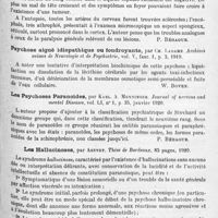 1337 - Page 1253 - Analyses. Psychiatrie. Études générales. Sémiologie. L'hyperglycémie dans les troubles mentaux, par F. H. Kooy. Brain... / Une forme atypique d'artériosclérose cérébrale avec troubles mentaux, par S. Uyematsu. Journal of nervous and mental Diseases... / Psychose aiguë idiopathique ou foudrayante, par Ch. Ladame. Archives suisses de neurologie et de psychiatrie... / Les psychoses paranoïdes, par Karl A. Menninger. Journal of nervous and mental Diseases... / Les hallucinoses, par Agenet. Thèse de Bordeaux..., 1920