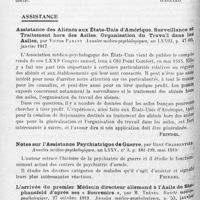 1338 - Page 1254 - Analyses. Psychiatrie. Études générales. Sémiologie. Le réflexe oculo-cardiaque dans les états anxieux, par Benoit. Thèse de Bordeaux..., 1920 / Assistance. Assistance des aliénés aux États-Unis d'Amérique. Surveillance et traitement hors des asiles. Organisation du travail dans les asiles, par Victor Parant. Annales médico-psychologiques... / Notes sur l'assistance psychiatrique de guerre, par René Charpentier. Annales médico-psychologiques... / Le problème de l'assistance aux aliénés tuberculeux, par Waldemar de Almeida. Arch. Brasileiros de Neuriatria e Psychiatria...
