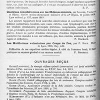 1340 - Page 1256 - Analyses. Psychiatrie. Études générales. Médecine légale. Prétendu viol et fausse grossesse, par Tissier. Société de médecine légale... / Quelques considérations sur les oedèmes simulés, par Sollier, Vignaud et Bruel. Société medico-chirurgicale militaire de la 14e Région... Lyon médical... / Les mutilations volontaires par coups de feu, par P. Roux. Thèse de Lyon, 1918... / Ouvrages reçus