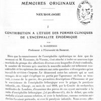 0005 - Page 1 - Mémoires originaux. Neurologie. I. Contribution à l'étude des formes cliniques de l'encéphalite épidémique, par G. Marinesco...