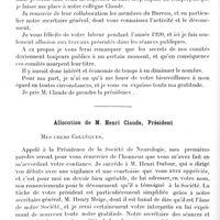 0082 - Page 72 - Société de neurologie de Paris. Séance du 6 janvier 1921. Allocution de M. Dufour, président sortant / Allocution de M. Henri Claude, président