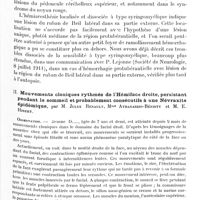 0087 - Page 77 - Société de neurologie de Paris. Séance du 6 janvier 1921. Communications et présentations. I. Syndrome protubérantiel supérieur de la région de la calotte : paralysie double de la sixième paire, avec asynergie généralisée, et hémianesthésie dissociée à type syringomyélique, par MM. Henri Claude, H. Schaeffer, et de Laulerie / II. Mouvements cloniques rythmés de l'hémiface droite, persistant pendant le sommeil et probablement consécutifs à une névraxite épidémique, par M. Jules Renault, Mme Athanassio-Bénisty et M. E. Hibert