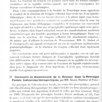 0092 - Page 82 - Société de neurologie de Paris. Séance du 6 janvier 1921. Communications et présentations. III. La réaction du benjoin colloïdal avec le liquide céphalo-rachidien dans l'encéphalite léthargique, par MM. Georges Guillain et P. Lechelle / IV. Continuité ou discontinuité de la douleur dans la névralgie faciale. Indications thérapeutiques, par MM. Sicard, Robineau et Paraf