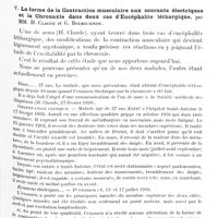 0095 - Page 85 - Société de neurologie de Paris. Séance du 6 janvier 1921. Communications et présentations. IV. Continuité ou discontinuité de la douleur dans la névralgie faciale. Indications thérapeutiques, par MM. Sicard, Robineau et Paraf / V. La forme de la contraction musculaire aux courants électriques et la chronaxie dans deux cas d'encéphalite léthargique, par MM. H. Claude et G. Bourguignon