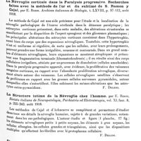 0135 - Page 125 - Analyses. Neurologie. Études générales. Histologie. Genèse des terminaisons nerveuses motrices et sensitives dans le système locomoteur des vertébrés supérieurs, par J. Francesco Tello, Trabajos del Laboratorio de Investigaciones biologicas... / La névroglie corticale dans la paralysie progressive. Recherches faites avec la méthode de l'or et du sublimé de S. Ramon y Cajal, par E. Rossi, Archives italiennes de biologie... / La structure intime de la névroglie chez l'homme, par E. Rossi, Rivista italiana de Neuropatologia, Psichiatria ed Elettroterapia... / Structure intime de la névroglie humaine, par Enrico Rossi, La Riforma medica...