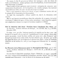 0140 - Page 130 - Analyses. Neurologie. Études générales. Physiologie. Recherches expérimentales sur les fonctions du système nerveux central faites en particulier sur deux chats dont le néopallium a été enlevé, par J.-G. Dusser de Barenne, Archives néerlandaises de physiologie de l'homme et des animaux... / Sur la fonction des deux oreilles dans l'audition des sons, par A. Stefanini, Archives italiennes de biologie... / La théorie de la résonance pour la perception des sons, par A. Stefanini, Archives italiennes de biologie...