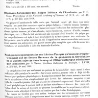 0151 - Page 141 - Analyses. Neurologie. Études générales. Physiologie. Différenciation chimique du système nerveux chez les invertébrés, par A. R. Moore, Proceedings of the national Academy of Sciences of the United States of America... / Vitesse de la transmission dans le réseau nerveux des coelentérés, par G. H. Parker, Journal of general Physiology... / Réponses autonomes des palpes labiaux de l'anodonte, par P. H. Cobb. Proceedings of the National Academy of Sciences of N. S. A... / Recherches expérimentales sur l'action toxique qu'exercent respectivement sur les troncs nerveux de la grenouille la strychnine et le curare, injectés dans le sang, et l'éther sulfurique administré par inhalation, par G. Negro. Archives italiennes de biologie...